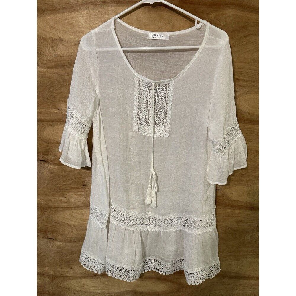 Cupshe White Coverup Tunic Lace Detail and Tassel Tie One Size